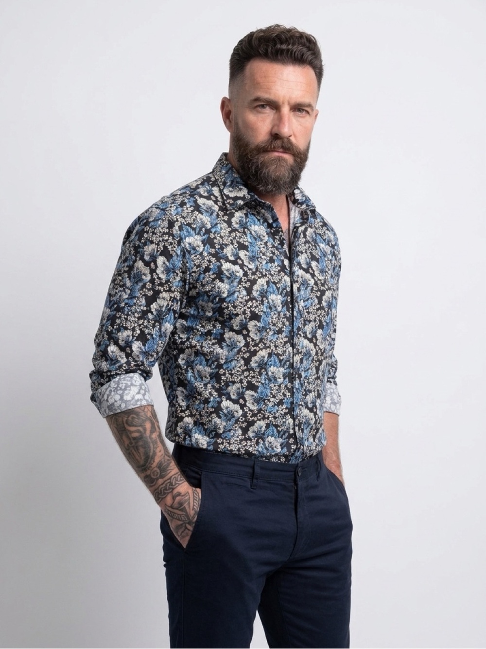 Platini Long Sleeve Botton Down Floral Men's Shirt Black Blue White Cotton Large